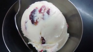 Helado de olivo con nuez de la india, arándanos y piñones.
